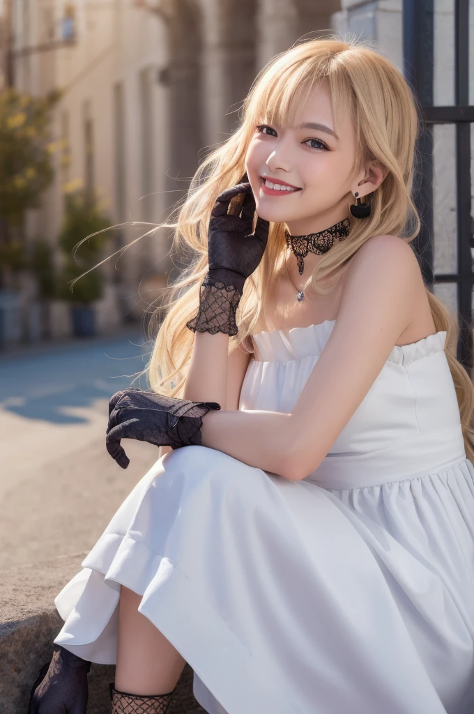 (masterpiece, Highest quality:1.2), alone, One girl, Aizawa Ema, smile, Mouth closed, View your viewers, squat, hair ornaments, dress, gloves, Black Choker, jewelry, Earrings