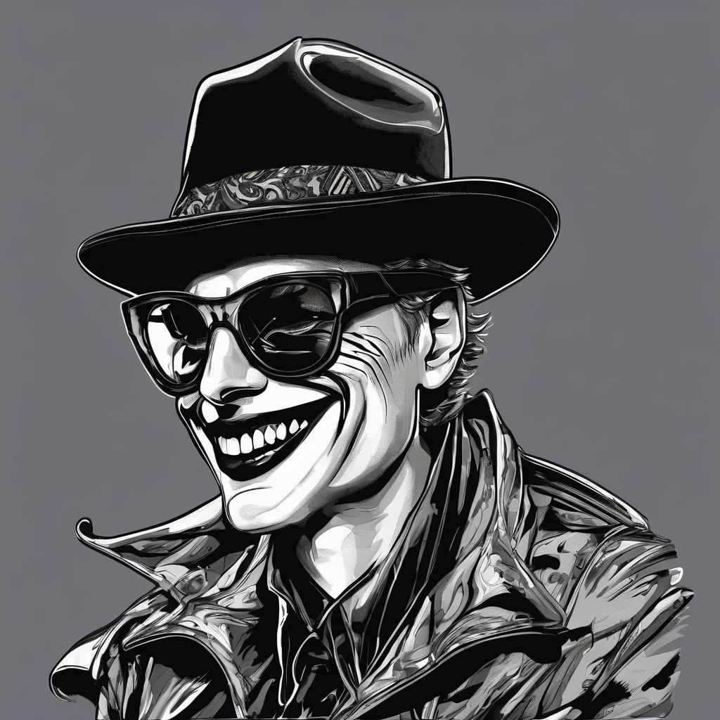 On a black background, the face of the joker Paul Miller, better known as Gypsy Crusader, appears laughing and wearing black glasses 