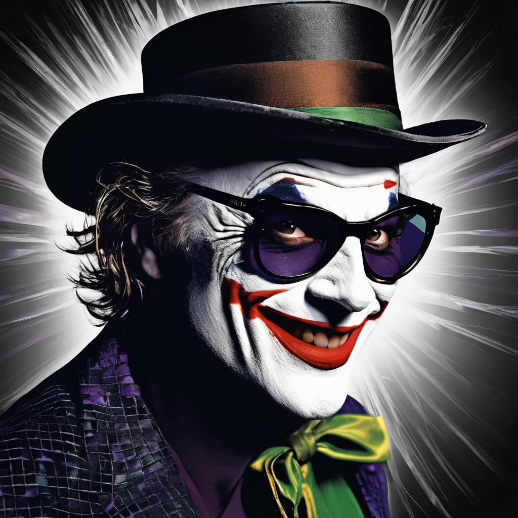 On a black background, the face of the joker Paul Miller, better known as Gypsy Crusader, appears laughing and wearing black glasses