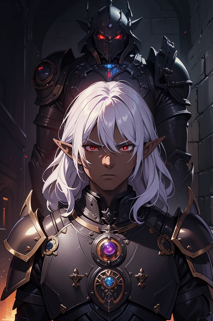masterpiece, best quality, ultra high res, dark theme, 1boy, (dungeonpunk armor), (mechanical steampunk armor), (wearing armor)fantasy illustration, dark skinned, human, upper body, portrait, red eyes, long white hair, half-drow, pointy ears, serious face, young man, dramatic lighting, purple hue, art by Kinema Citrus