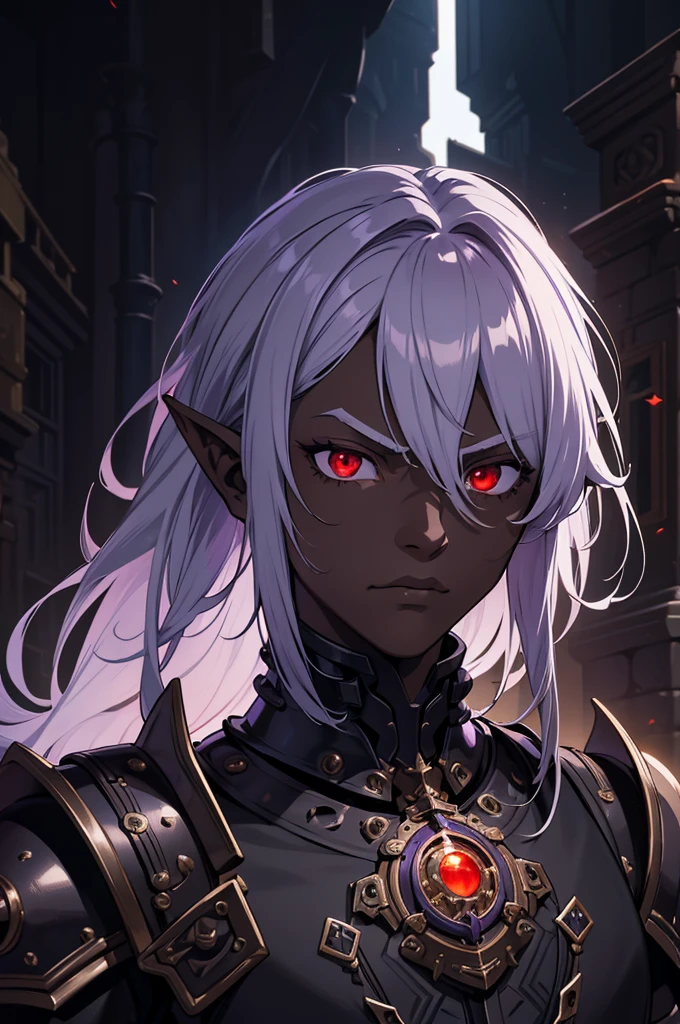 masterpiece, best quality, ultra high res, dark theme, 1boy, (dungeonpunk armor), (mechanical steampunk armor), (wearing armor)fantasy illustration, dark skinned, human, upper body, portrait, red eyes, long white hair, half-drow, pointy ears, serious face, young man, dramatic lighting, purple hue, art by Kinema Citrus