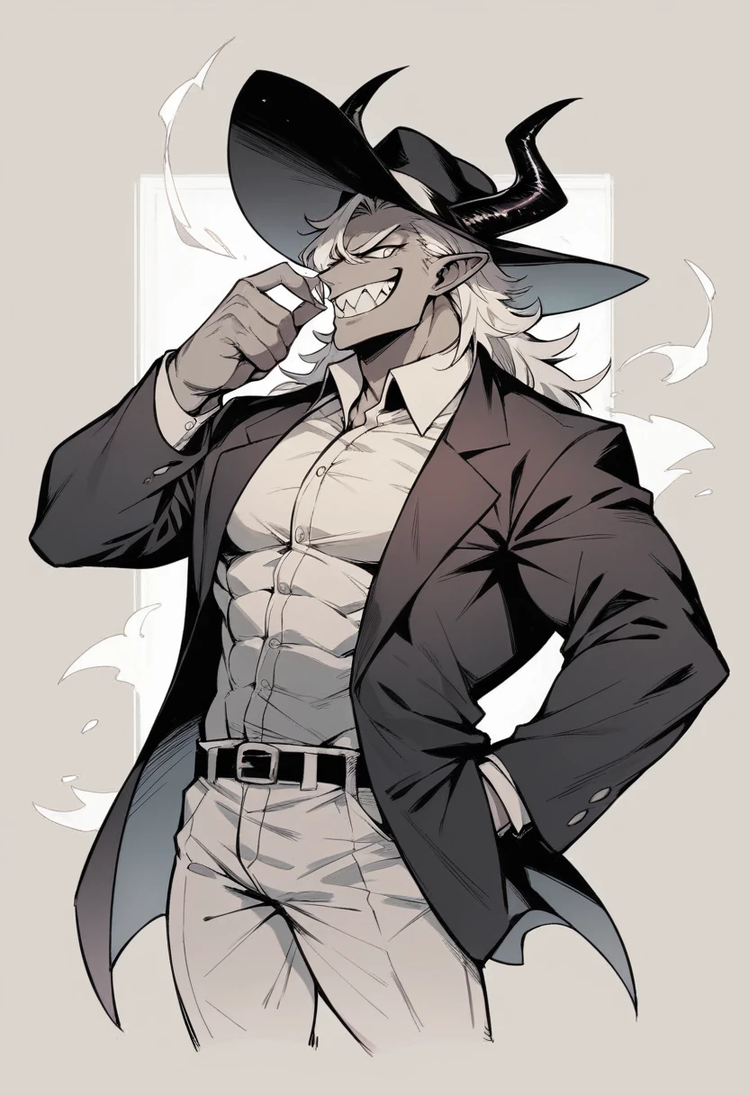 Make a muscular man in business clothes with a suit and long hat who has giant black horns and a gigantic smile from end to end and extremely sharp teeth. Totally white+ profile pic+ evil grin + demon+ without hair