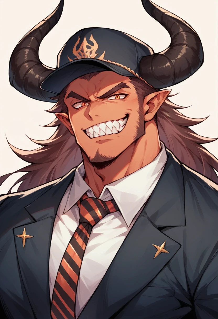 Make a muscular man in business clothes with a suit and long hat who has giant black horns and a gigantic smile from end to end and extremely sharp teeth. Totally white+ profile pic+ evil grin + demon+ without hair