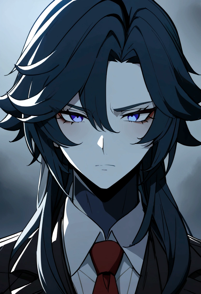 1 man, Cold, neutral, strict, indifferent expression, of anime, smooth black fur, shoulder length hair, strict, dark blue eyes, noble, pale skin, muted colors, clothes a black trench coat, flower shirt and red tie, 25 years, adult face, sharp focus, maduro, Alone, masculine, Blurry closeup, cinematic lighting,he is kissing 1 woman, Eula Lawrence from genshin impact under the moon