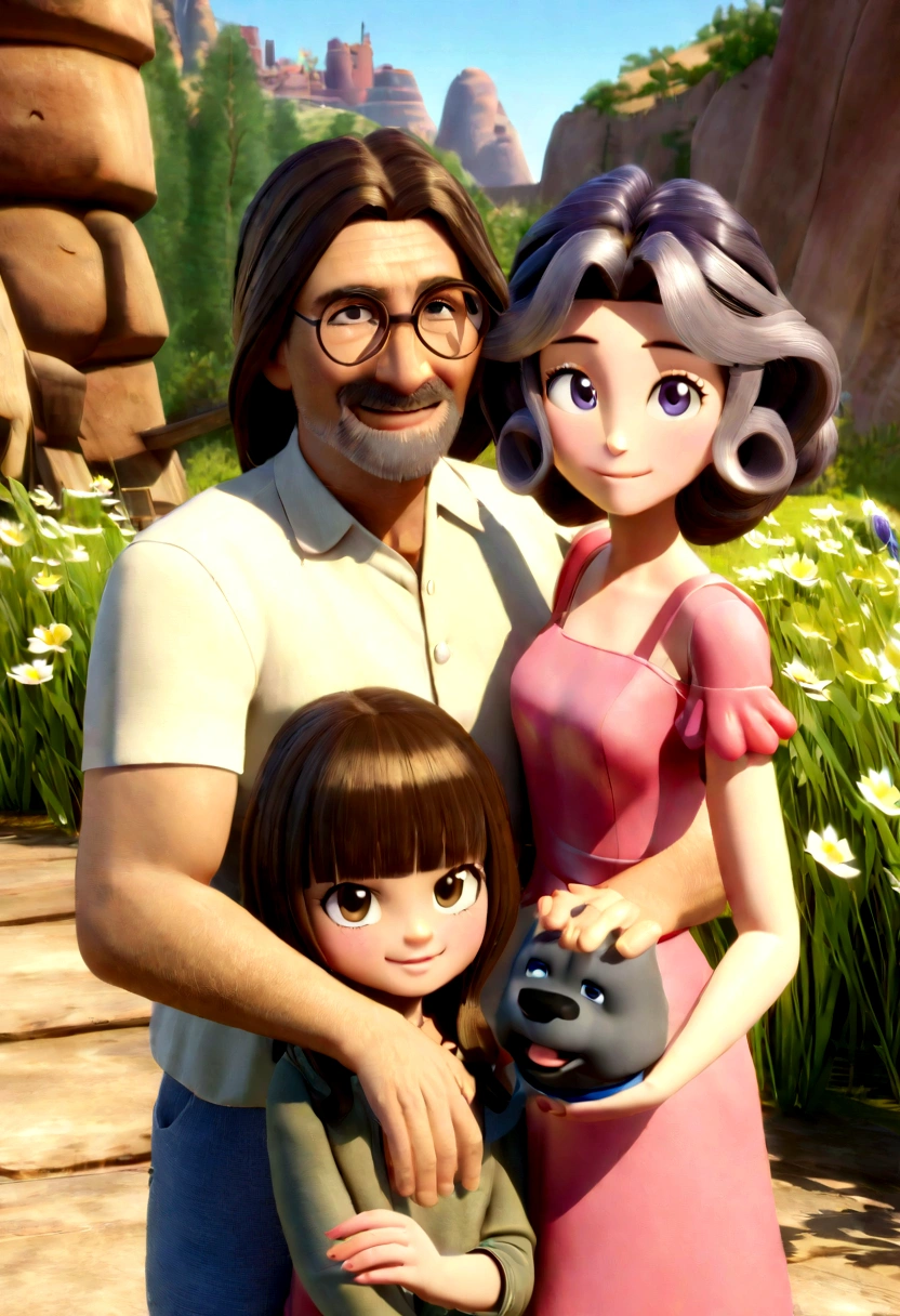 Cartoon of a family, onde está a garota de pele white chamada Laís, white, with dark brown hair and long curly hair below the shoulder, having fun on vacation together with daddy Jaime, dark-skinned, Cao Cao, eyes black, smiling e de terno Cinza, and gray hair, and his other daughter Lavinia, small, smaller than Laís, brunette like her father, shorter shoulder length hair, curly and frizzy, tightly wrapped, smiling e olhos com brilhos e covinhas na bochecha, and with us is his wife Daniela, about 15 centimeters smaller than his father Jaime, 1,86 cm, and Laís also in her mother Daniela's altuma, e Daniela tem a pele white como a Laís, smiling, a little chunky, breasts big, straight black wavy hair, Right in front of him was a boxer dog, brown and white, 3d animation movie poster, Poster de animated film, pixar 3d animation style, pixar renderman render, maya 8 k, animated film, Disney Pixar Style 3D, happy friends go out together, the 3 women in long pink dresses with a very delicate belt at the waist, plein-air, vacation, disney pixar animation poster