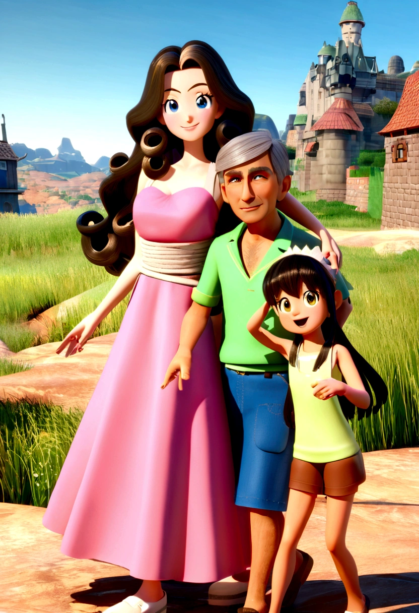 Cartoon of a family, onde está a garota de pele white chamada Laís, white, with dark brown hair and long curly hair below the shoulder, having fun on vacation together with daddy Jaime, dark-skinned, Cao Cao, eyes black, smiling e de terno Cinza, and gray hair, and his other daughter Lavinia, small, smaller than Laís, brunette like her father, shorter shoulder length hair, curly and frizzy, tightly wrapped, smiling e olhos com brilhos e covinhas na bochecha, and with us is his wife Daniela, about 15 centimeters smaller than his father Jaime, 1,86 cm, and Laís also in her mother Daniela's altuma, e Daniela tem a pele white como a Laís, smiling, a little chunky, breasts big, straight black wavy hair, Right in front of him was a boxer dog, brown and white, 3d animation movie poster, Poster de animated film, pixar 3d animation style, pixar renderman render, maya 8 k, animated film, Disney Pixar Style 3D, happy friends go out together, the 3 women in long pink dresses with a very delicate belt at the waist, plein-air, vacation, disney pixar animation poster