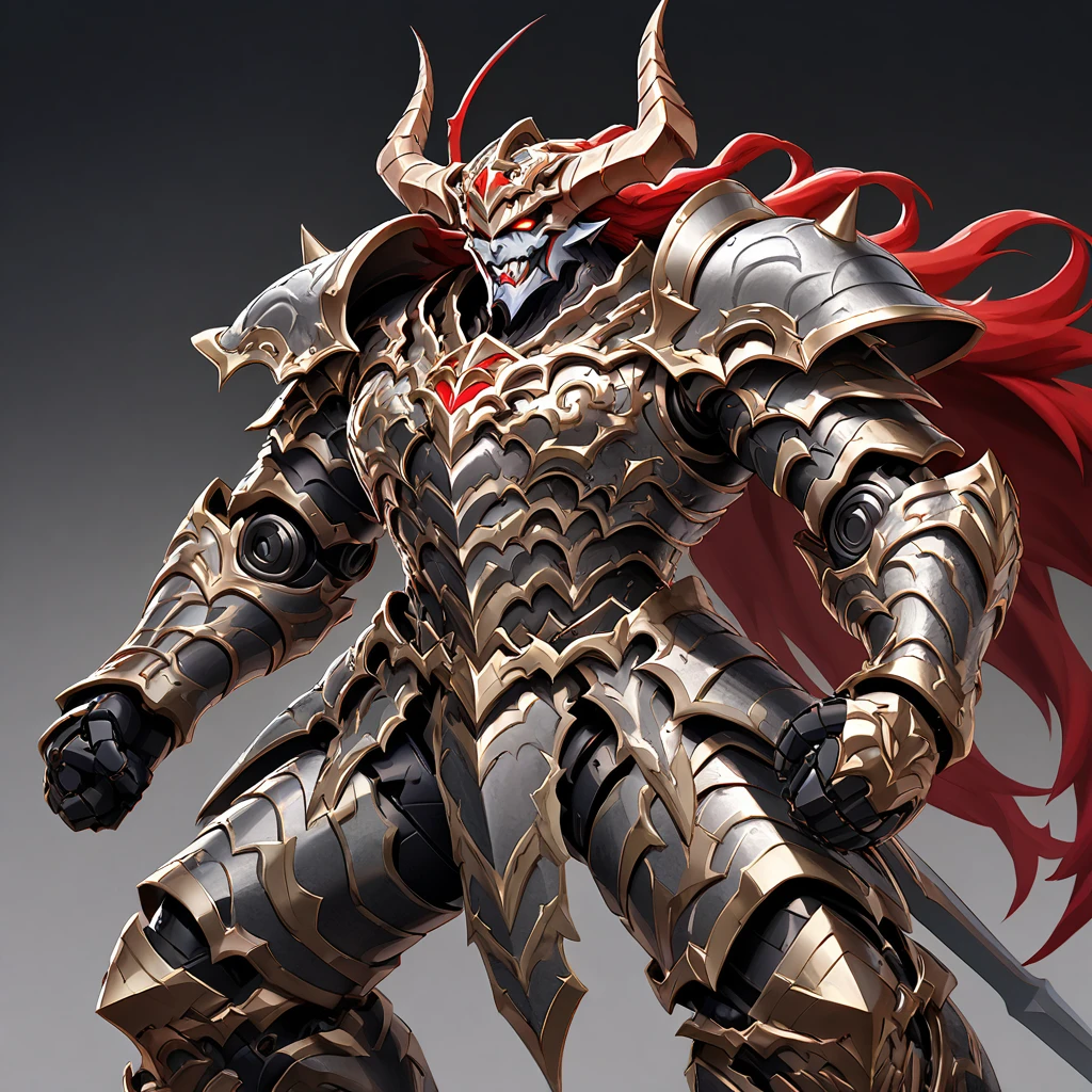 a fearsome fantasy warrior in elaborate armor that combines elements of both traditional and demonic designs. The character's armor is primarily metallic silver and gray, with black, red, and gold accents. The helmet is shaped like a demonic face, featuring sharp horns, a twisted grin, and intricate details that evoke a sense of terror. The left shoulder pad is spiked and reinforced, with metallic plating, while the right shoulder is armored with organic, red, and scaly textures, appearing almost monstrous. The chest armor is segmented with intricate designs, and a detailed emblem is present on the left side of the chest. The warrior's legs are covered in black and silver armor with mechanical joints, adding to the imposing and intimidating look. The character stands in a powerful stance with its arms slightly spread, ready for combat. The background is black to highlight the details of the armor and enhance the dramatic and menacing atmosphere.