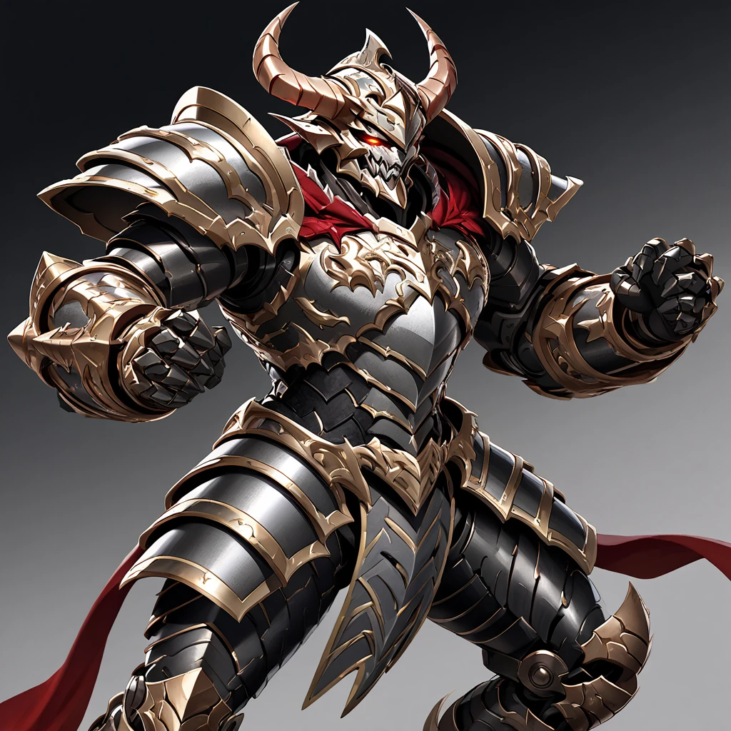 a fearsome fantasy warrior in elaborate armor that combines elements of both traditional and demonic designs. The character's armor is primarily metallic silver and gray, with black, red, and gold accents. The helmet is shaped like a demonic face, featuring sharp horns, a twisted grin, and intricate details that evoke a sense of terror. The left shoulder pad is spiked and reinforced, with metallic plating, while the right shoulder is armored with organic, red, and scaly textures, appearing almost monstrous. The chest armor is segmented with intricate designs, and a detailed emblem is present on the left side of the chest. The warrior's legs are covered in black and silver armor with mechanical joints, adding to the imposing and intimidating look. The character stands in a powerful stance with its arms slightly spread, ready for combat. The background is black to highlight the details of the armor and enhance the dramatic and menacing atmosphere.