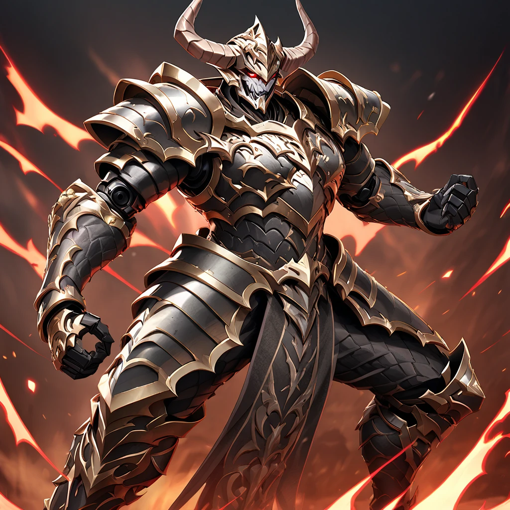 a fearsome fantasy warrior in elaborate armor that combines elements of both traditional and demonic designs. The character's armor is primarily metallic silver and gray, with black, red, and gold accents. The helmet is shaped like a demonic face, featuring sharp horns, a twisted grin, and intricate details that evoke a sense of terror. The left shoulder pad is spiked and reinforced, with metallic plating, while the right shoulder is armored with organic, red, and scaly textures, appearing almost monstrous. The chest armor is segmented with intricate designs, and a detailed emblem is present on the left side of the chest. The warrior's legs are covered in black and silver armor with mechanical joints, adding to the imposing and intimidating look. The character stands in a powerful stance with its arms slightly spread, ready for combat. The background is black to highlight the details of the armor and enhance the dramatic and menacing atmosphere.