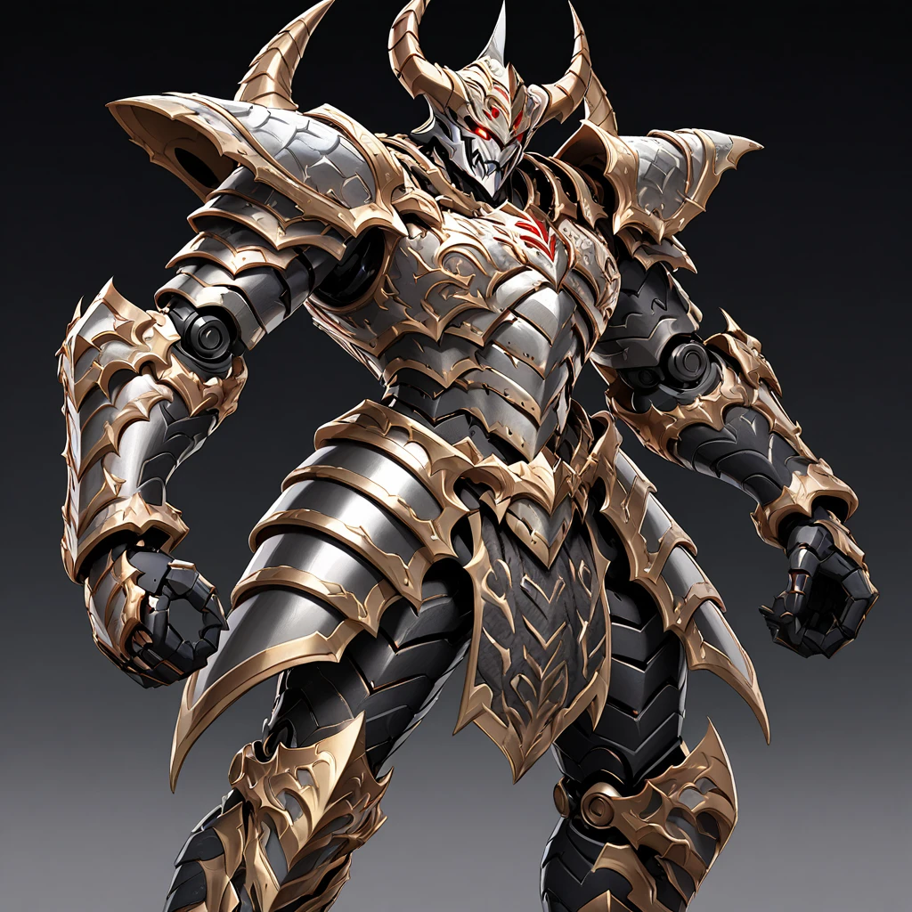 a fearsome fantasy warrior in elaborate armor that combines elements of both traditional and demonic designs. The character's armor is primarily metallic silver and gray, with black, red, and gold accents. The helmet is shaped like a demonic face, featuring sharp horns, a twisted grin, and intricate details that evoke a sense of terror. The left shoulder pad is spiked and reinforced, with metallic plating, while the right shoulder is armored with organic, red, and scaly textures, appearing almost monstrous. The chest armor is segmented with intricate designs, and a detailed emblem is present on the left side of the chest. The warrior's legs are covered in black and silver armor with mechanical joints, adding to the imposing and intimidating look. The character stands in a powerful stance with its arms slightly spread, ready for combat. The background is black to highlight the details of the armor and enhance the dramatic and menacing atmosphere.