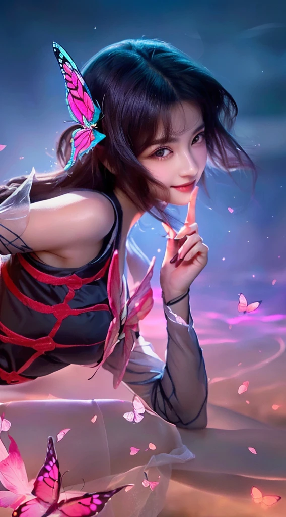 a close up of a girl with a butterfly on her head, butterfly on head, beautiful detailed eyes, beautiful detailed lips,  smile,extremely detailed eyes and face, long eyelashes, delicate features, serene expression, soft lighting, warm colors, cinematic, portrait, high quality, 8k, realistic, photorealistic