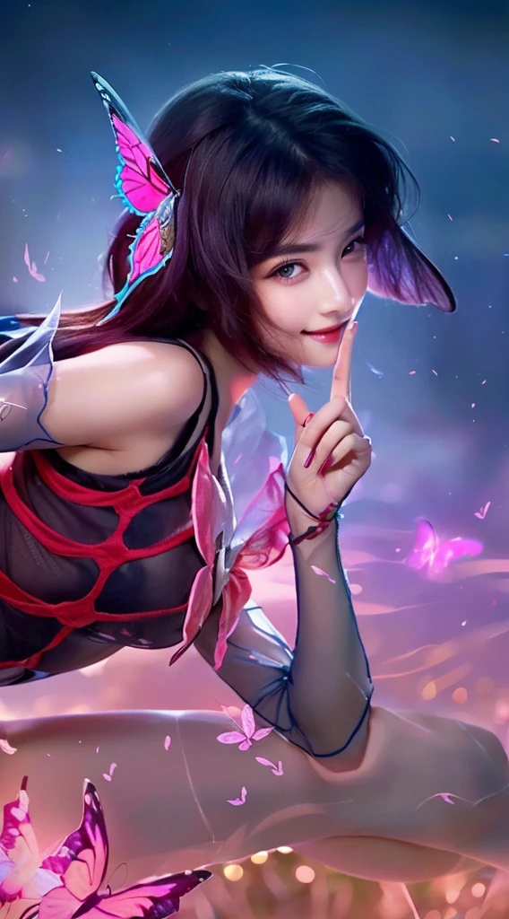 a close up of a girl with a butterfly on her head, butterfly on head, beautiful detailed eyes, beautiful detailed lips, sexy smile,extremely detailed eyes and face, long eyelashes, delicate features, serene expression, soft lighting, warm colors, cinematic, portrait, high quality, 8k, realistic, photorealistic
