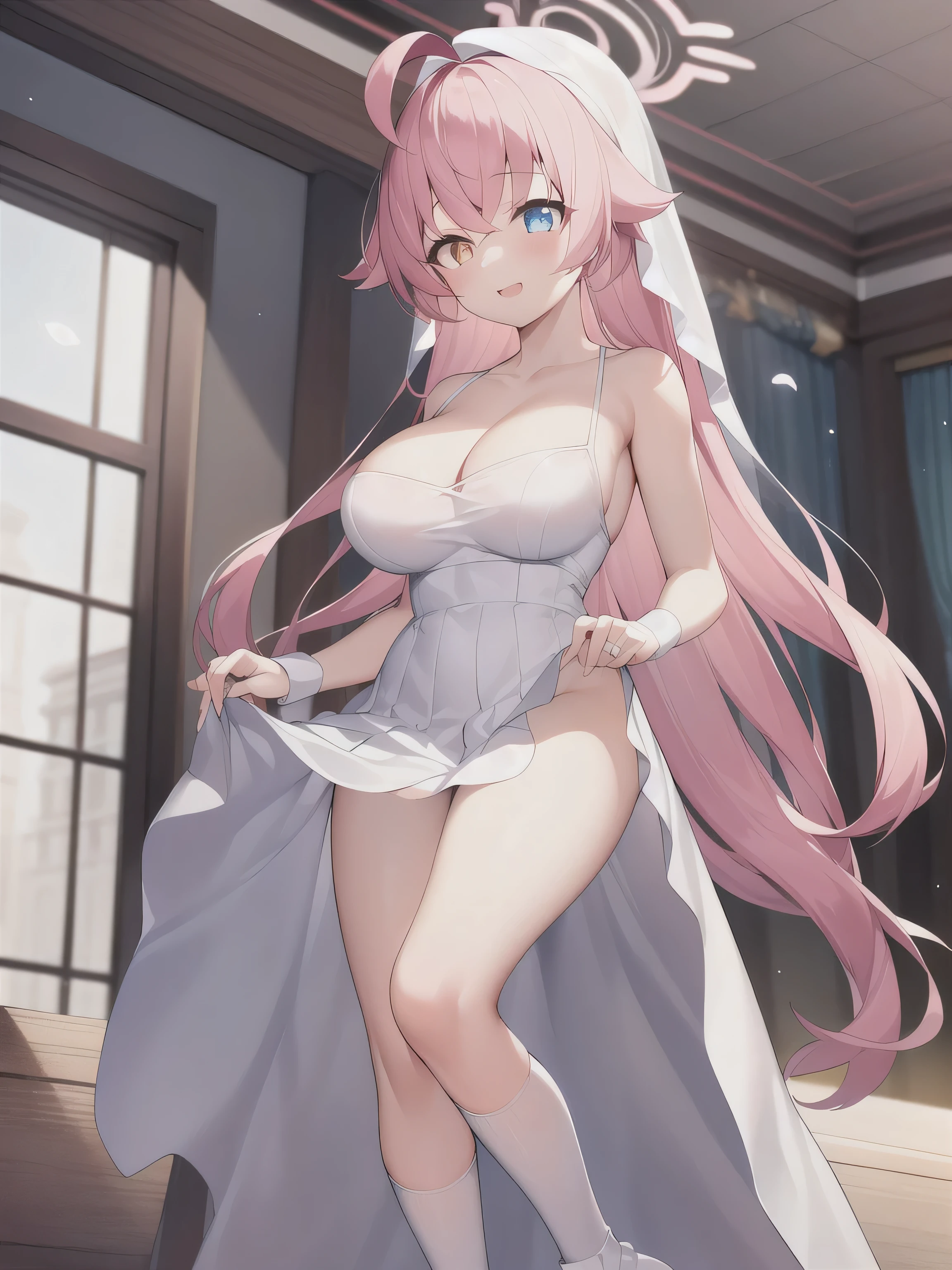 A girl，long hair, bangs, Pink hair, Hair between the eyes, s eyes，blue eyes:（1.5),  (:1.2), 
rest clavicle, Wedding dress，Veil，wedding，White dress，Flowers，Broken skirt，White socks，Tights，White knee socks，
looking at viewer, whole body,
indoors, church，Standing，Standing，
rest (masterpiece:1.2), best quality, high resolution, Unity 8k Wallpaper, (illustration:0.8), (Beautiful and delicate eyes:1.6), Extremely detailed face, Perfect lighting, Extremely detailed CG, (Perfect hands, Perfect anatomical structure),