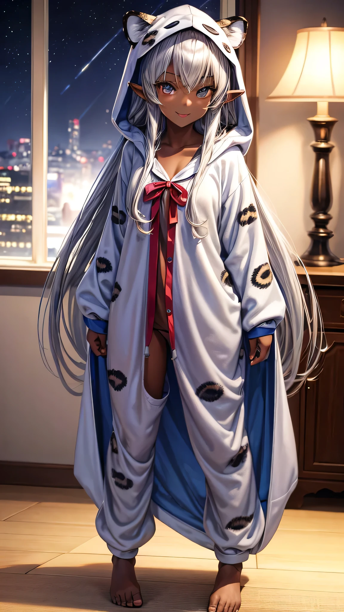 (Kigurumi pajamas style) (dark skin, 1000 yo, solo:2 straight silver hair long hair sexy elf woman, detailed silver eyes, sexy smile), (in a detailed:1.2 leopard:1.3 hooded, leopard kigurumi), break, in the lovely bedroom of night, BREAK, masterpiece, best quality, 16k, beautiful detailed night, daydreaming expression.