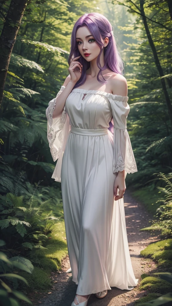 Irish woman, anime, cute, beautiful, forest landscape in the background, high quality, night, 8k, long light purple hair, green eyes, red lips, eyelashes, standing, long beautiful white dress, off the shoulder sleeves, sweetheart neckline, slim skirt, library