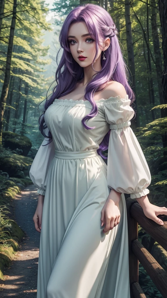 Irish woman, anime, cute, beautiful, forest landscape in the background, high quality, night, 8k, long light purple hair, green eyes, red lips, eyelashes, standing, long beautiful white dress, off the shoulder sleeves, sweetheart neckline, slim skirt, library