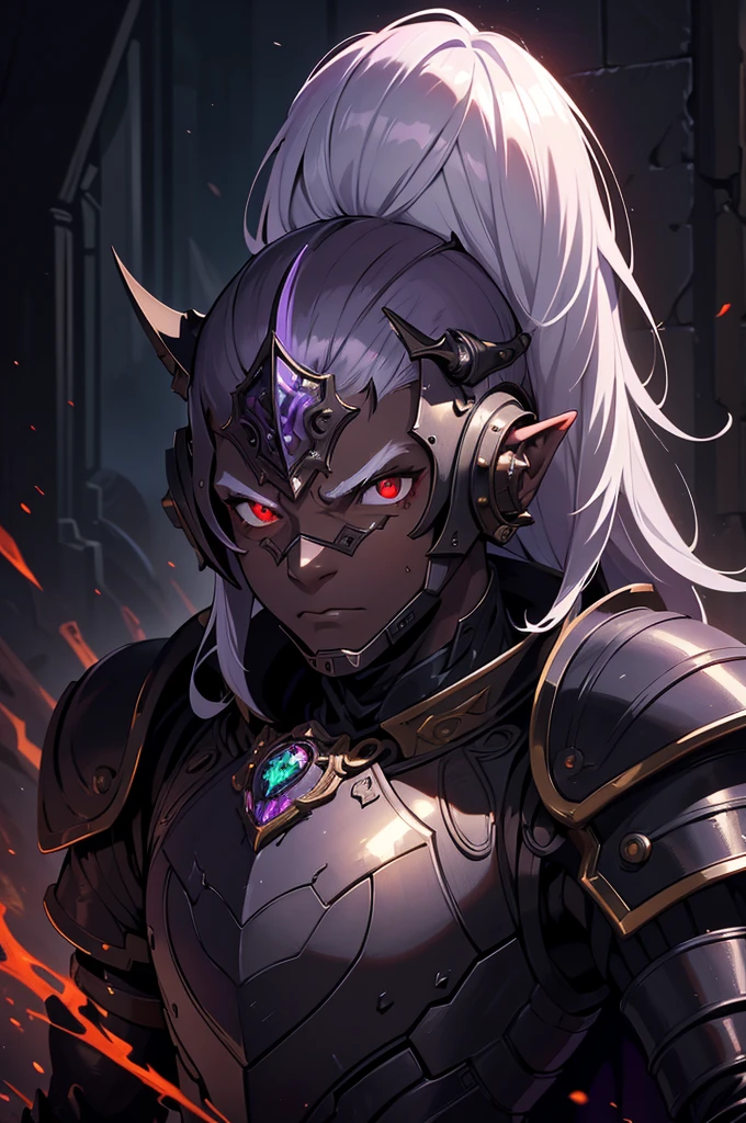 masterpiece, best quality, ultra high res, dark theme, 1boy, (dungeonpunk armor), (mechanical steampunk armor), (wearing armor)fantasy illustration, dark skinned, human, upper body, portrait, red eyes, long white hair, half-drow, pointy ears, serious face, young man, dramatic lighting, purple hue, art by Kinema Citrus
