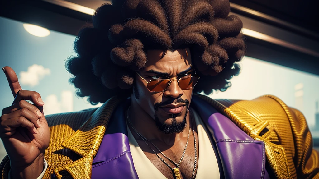 1970's pimp named "Mr Lickity Split", he has a goatee and an afro, he is wearing 1970s attire, cinematic action, masterpiece, super detail, textured skin, atmospheric perspective,