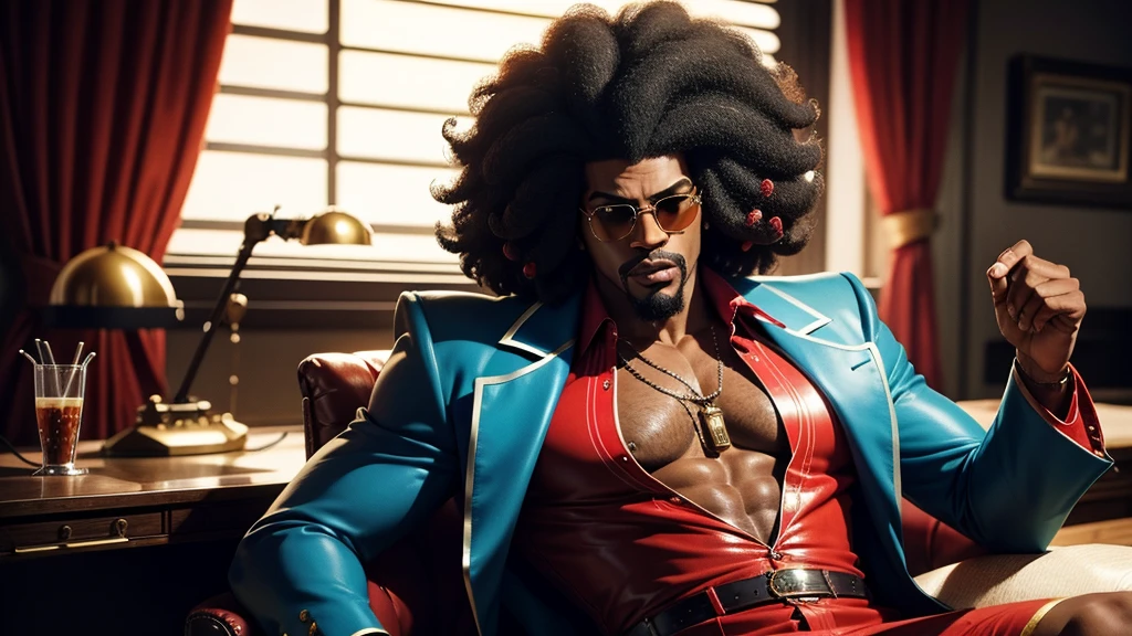 1970's pimp named "Mr Lickity Split", he has a goatee and an afro, he is wearing 1970s attire, cinematic action, masterpiece, super detail, textured skin, atmospheric perspective,