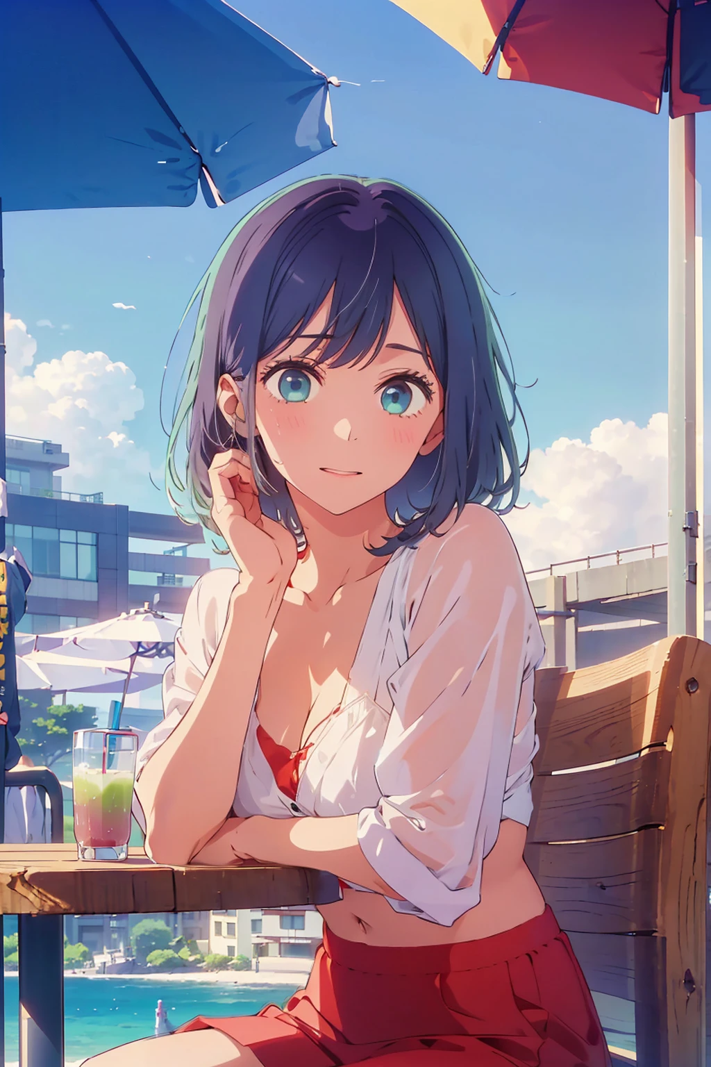 (Highest quality:1.4、8K:1.4、detailed)、F cup bust、Big Breasts、Slim body、Very white beautiful skin、((((1 person、Surprised expression、sit、Chair、In the background are the urban buildings of Tokyo、looking at the camera、Outdoor café terrace、coastal、Navy hair color、juice、Shooting up close、table、Very cute face))))、(Pose of putting hair behind ears with hands:1.4）、((nude、Areola))、bikini、Very blue sky、A completely cloudless sky