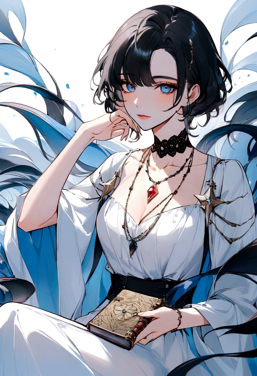 Drawing of a woman in a white dress sitting on blue waves,Holding a diary,Wearing a necklace with a Tuscan-colored gemstone pendant,有新海诚Cyril Rolando、Cyril Rolando和藤田五郎,Cyril Rolando,灵感来自Cyril Rolando,In the style of atey ghailan,Beautiful artwork illustration,Artgerm 和 Atey Ghailan, Shinkai Makoto style,Black Hair