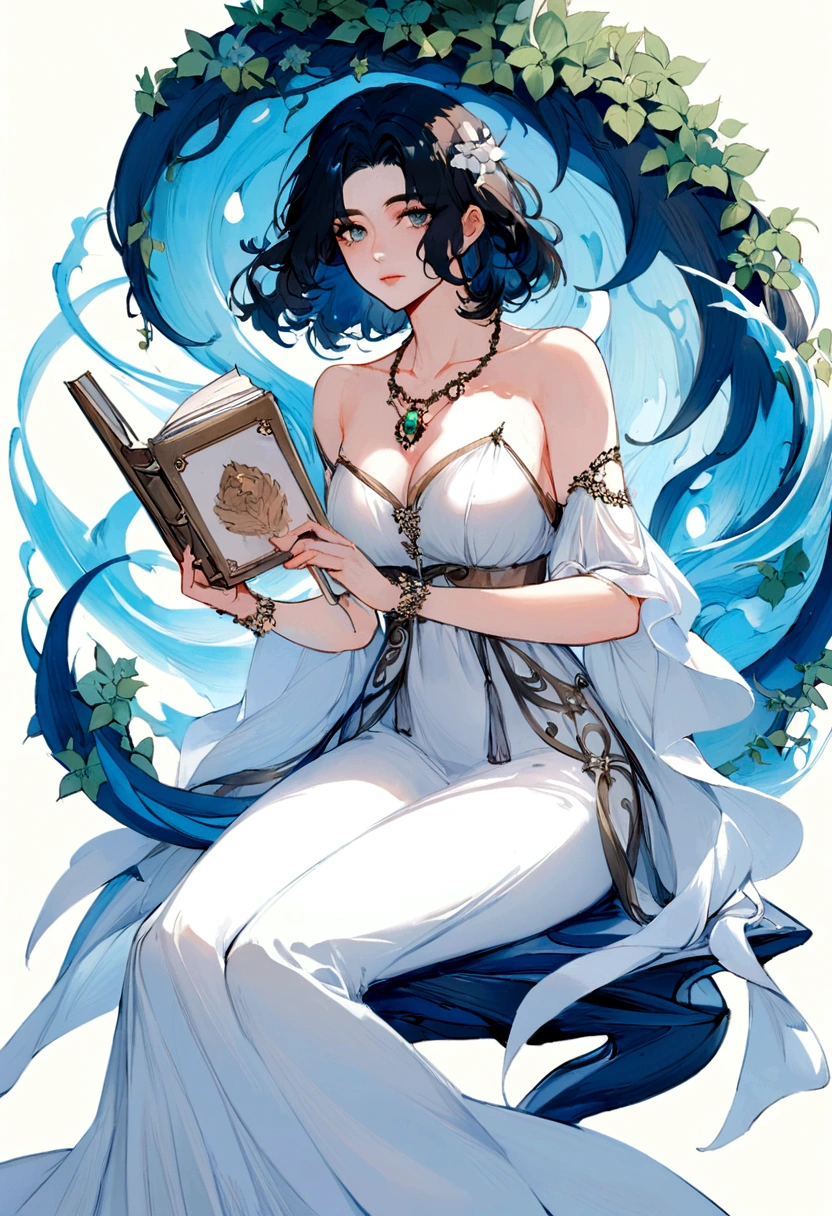 Drawing of a woman in a white dress sitting on blue waves,Holding a diary,Wearing a necklace with a Tuscan-colored gemstone pendant,有新海诚Cyril Rolando、Cyril Rolando和藤田五郎,Cyril Rolando,灵感来自Cyril Rolando,In the style of atey ghailan,Beautiful artwork illustration,Artgerm 和 Atey Ghailan, Shinkai Makoto style,Black Hair