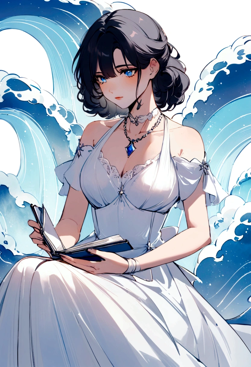 Drawing of a woman in a white dress sitting on blue waves，Holding a diary，Wearing a necklace with a Tuscan-colored gemstone pendant，有新海诚Cyril Rolando、Cyril Rolando和藤田五郎，Cyril Rolando，灵感来自Cyril Rolando，In the style of atey ghailan，Beautiful artwork illustration，Artgerm 和 Atey Ghailan， Shinkai Makoto style，Black Hair