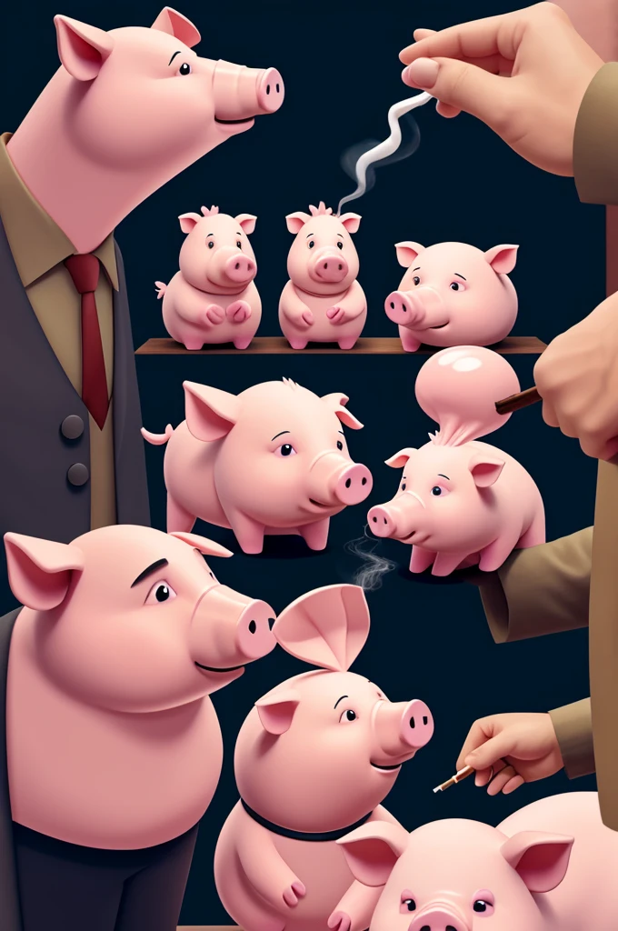 Create 5 animated pigs joined together, one smoking, some taking, a handsome one, one with glasses and another shy