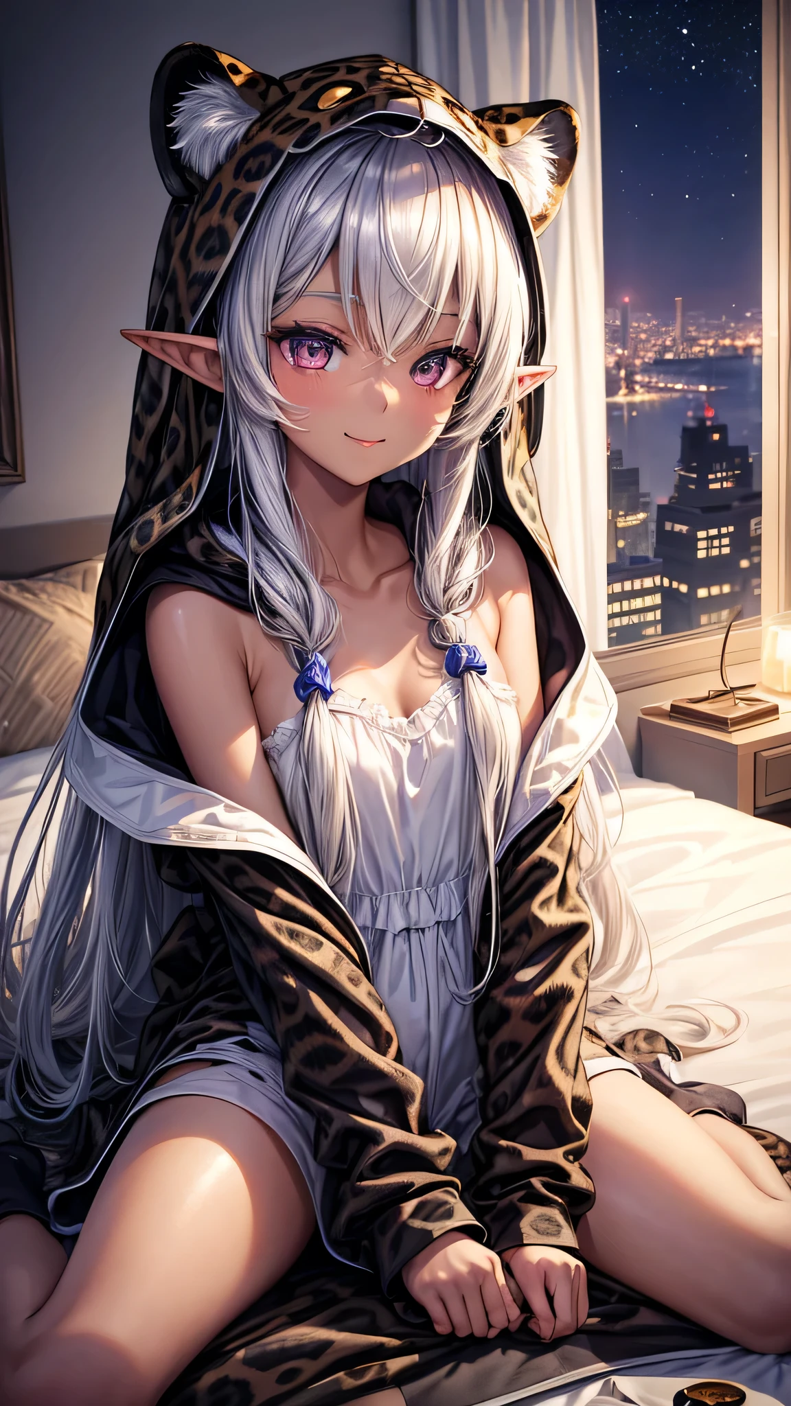 (Kigurumi pajamas style) (dark skin, 1000 yo, solo:2 straight silver hair long hair sexy elf woman, detailed silver eyes, sexy smile), (in a detailed:1.2 leopard:1.3 hooded, leopard kigurumi), break, in the lovely bedroom of night, BREAK, masterpiece, best quality, 16k, beautiful detailed night, daydreaming expression.