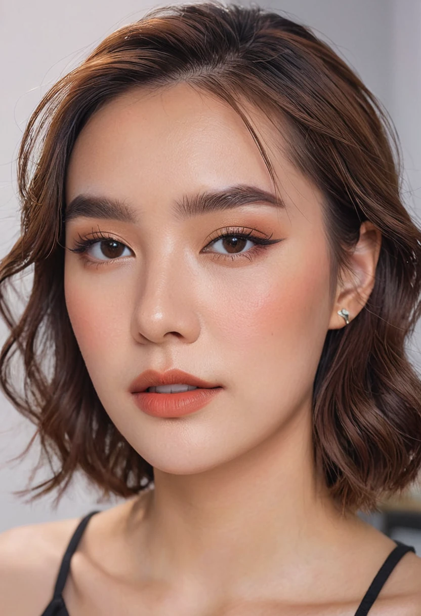 Close-up shot of a MagMix Girl's face showcasing her realistic skin texture with Joker makeup, focusing on her natural beauty with well-defined eyebrows and soft, neutral eyeshadow