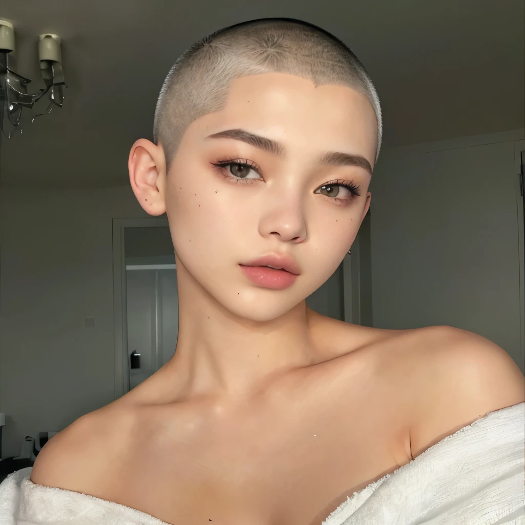 a close up of a jennie from blackpink with a towel on her head, buzz cut hair, buzz cut, shaved head, shaved hair, girl with short white hair, buzzed short dark hair, buzz cut gray hair, short hair on sides of head, short white hair shaved sides, buzzed hair, doja cat, portrait sophie mudd