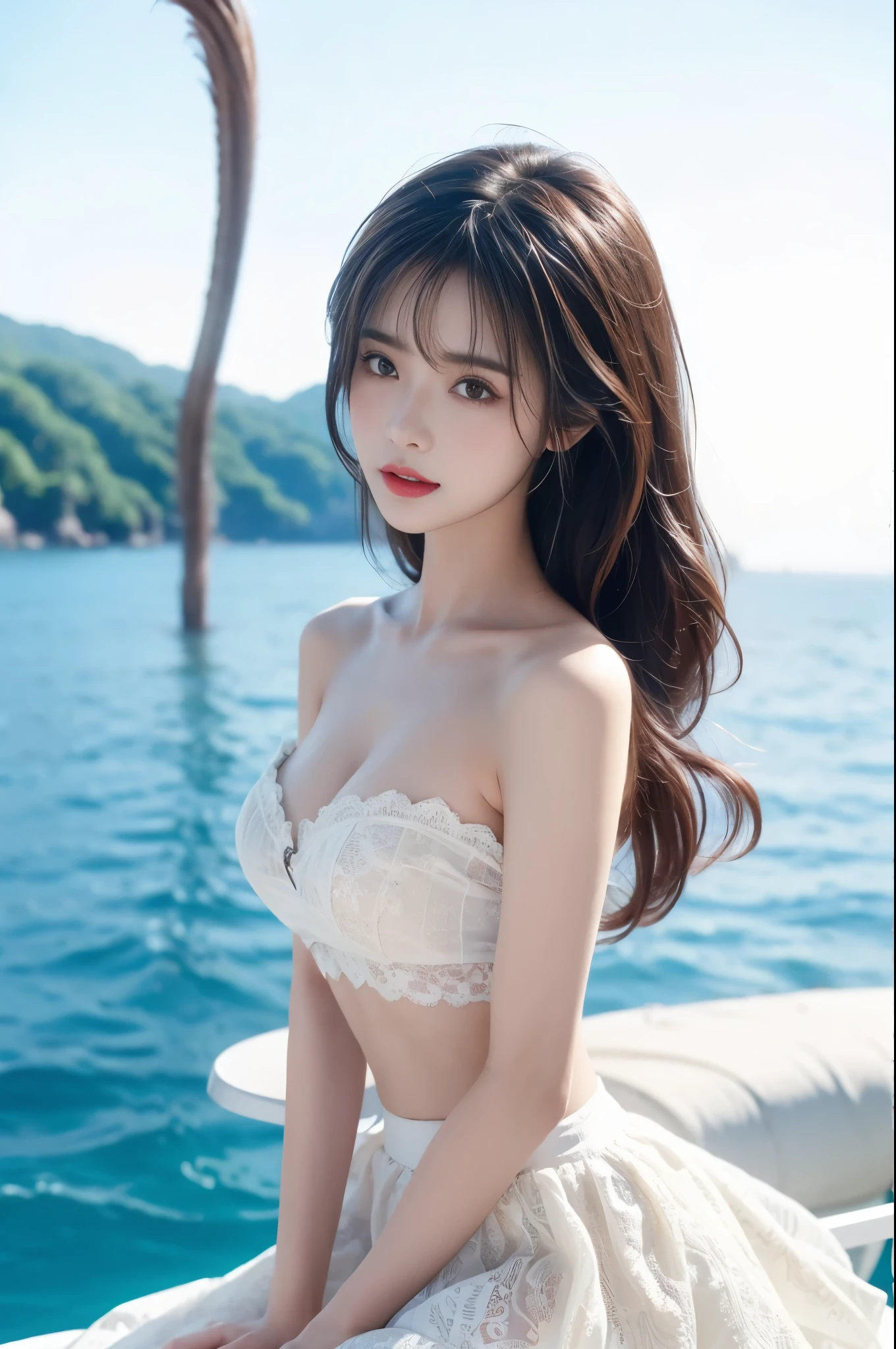 wrenchrosettebloom ((Large Breasts)), ((D cup)), Visible cleavage,Highly detailed face and skin texture,((Bare shoulder)), Double eyelids,Skin Whitening,Long hair,Whitening long legs,Standing by the sea, Fashion Girl, Red lips, Sweet Girl, Beautiful makeup, detail, lifelike, Very detailed, Astonishing, beautiful, Young and energetic, high quality,HD, Colorful, Beautifully, Smooth skin, The skirt is very short, Official Art, Extremely detailed, Movie atmosphere, Soft colors, Natural skin texture, Random scene, random shooting Angle, Black over-the-knee socks, lace hem