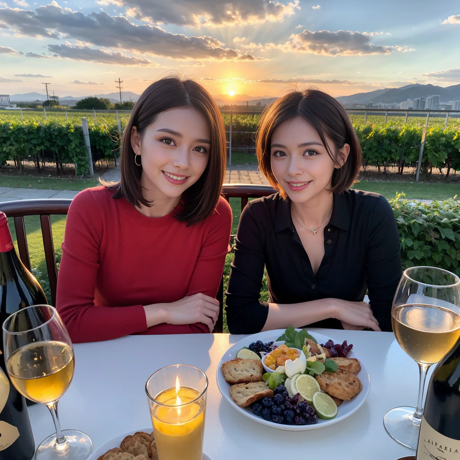((Highest quality、8K、masterpiece:1.3))、 (Ultra-realistic、 Genuine、Bright image、Intricate details:1.2), 最高のsmile、1 male 1 female、Beautiful couple、love love love、Roman Lovers、Good friends、actress couple、smile、Full-course dinner at a packed table、 (Slim face), (the body is slim), (Brown Hair), (short hair), テーブルのwine glass、Please shine a light on my face、 Amazing view of the sunset sky and clouds、35 years old 39 years old, red wine 、Appetizers、Wine bottle、sparkling wine、Long sleeve shirt、dress、White wine, red wine, wine glass,
