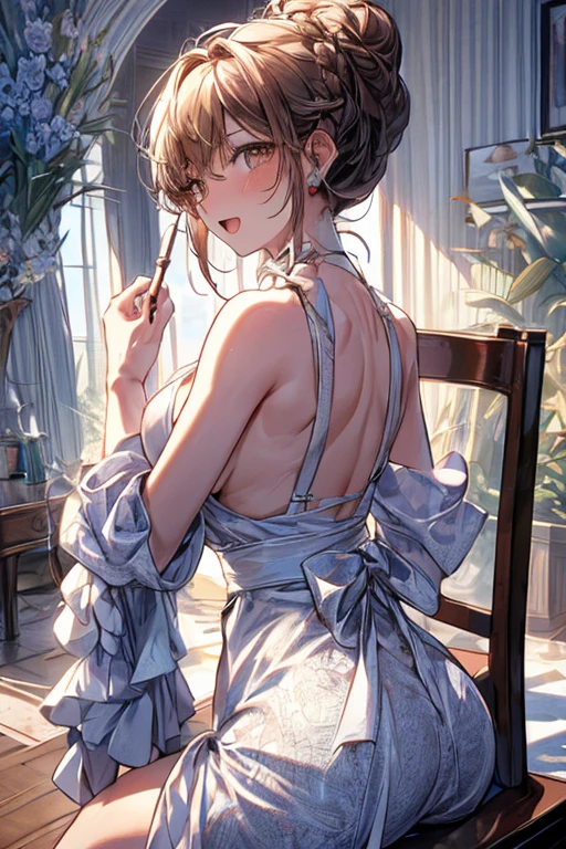 (from above:1.2),(from side:0.9),(A masterpiece of image quality in 8K),(Beautiful Allafed Woman),(((emphasizing breasts:1.1))),(Dynamic angles),(Dynamic and sexy bending pose:1.3),(sit a chair:1.1),(Short hair in shiny silver and orange inner colors,small full breasts,Disturbance of clothing due to movement,breast slip,(Ponytail twisted buns adorned with elaborate braids and beads,Braided Setup Fishbone Hair,),(see-through bangs),(perky chest:1.1), (pointed chest:1.3), small breasts、(((A white lace apron that shows your bare skin from under your small breasts)))、Blush with embarrassment、Enraptured eyes、A smile that beguiles the viewer、(Look back:1.7)、Look into the photographer,skin glistening with sweat,gazing at viewer,,(Professional Lighting),(8K,masutepiece,top-quality,Ultra-high resolution output image,),(Ultra HD with complex detail image modes),depth of fields,Beautiful hands,Beautiful fingers,Detailed finger features,(Detailed hair features:1.7),detailed facial features,detailed clothes features, (perky chest:1.1), (pointed chest:1.3), seductive weak smiling,(with sparkling eyes and a contagious smile),little open mouth,