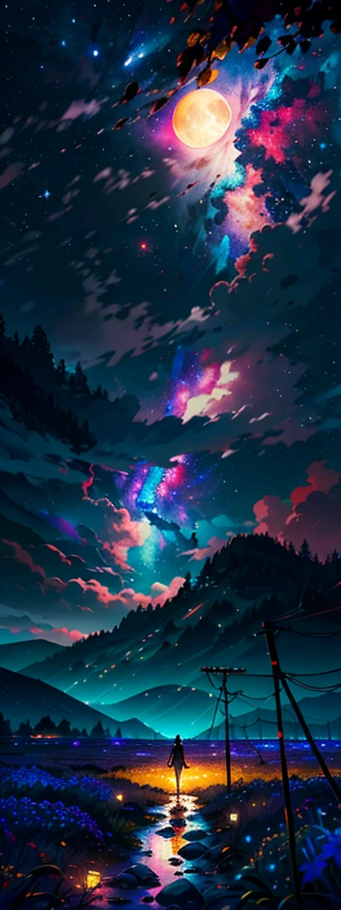 Vast landscape photography , (A view from below, with the sky above and the wide fields below), A girl standing in a flower field looking up, (full moon:1.2), ( shooting star:0.9), (nebula:1.3), Distant Mountain, Treebreak Production Art, (Warm light source:1.2), (fire Fly:1.2), lamp, Lots of purple and orange, Intricate details, Volumetric Lighting Break
(masterpiece:1.2), (Highest quality), 4K, Super detailed, (Dynamic configuration:1.4), Very detailed, Colorful details,( Rainbow colors:1.2), (Shining Lights, Atmospheric lighting), dream-like, Magic, (alone:1.2)