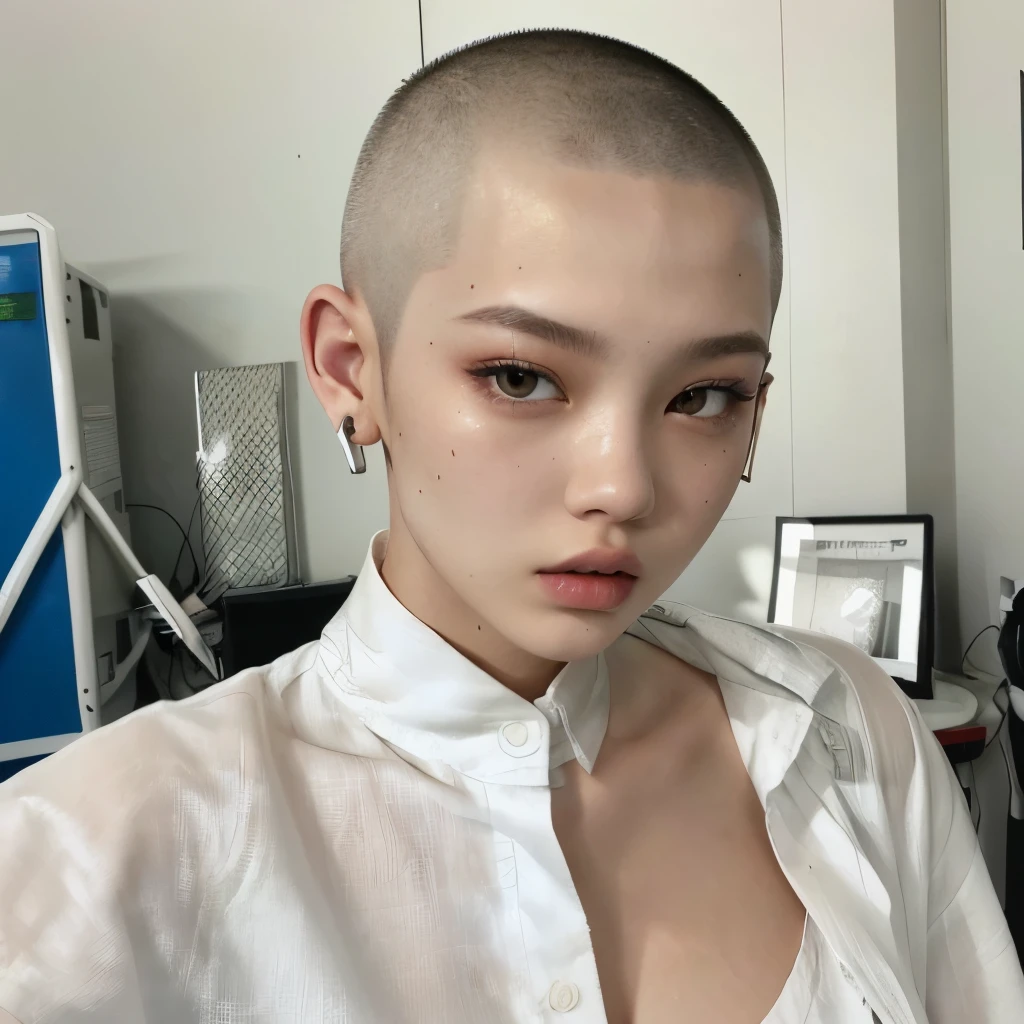 Jennie from blackpink with shaved head and white shirt in a room, shaved head, buzz cut hair, shaved hair, buzz cut, short white hair shaved sides, brown buzzcut, girl with short white hair, shaved bald head, buzzed hair, short shaved hair, very short hair, very short slicked - back hair, short hair on sides of head