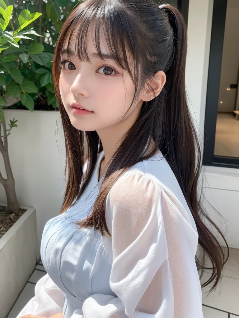 ((cute日本の女の子、Beautiful Japanese Girl、One girl、19 years old、ponytail、Highly detailed face and skin texture、Ultra detailed face、Ultra-detailed eyes、鬠红、blush、front、 cute、Highly detailed face and skin texture、Smooth white skin、Translucent skin texture、))、(Dark Brown Hair)、looking at the camera、Sharp Focus:1.2、Beautiful woman with perfect style:1.4、Japanese Model、((Highest quality、8K、masterpiece:1.5、1Photos))、(4K、RAW Photos、Highest quality)、Place people across the entire screen、Natural light、professional lighting、(Realistic、フォトRealistic:1.5)、 Young Gravure Idol、cuteグラビアアイドル、Real Gravure Idol、A sophisticated gravure idol、