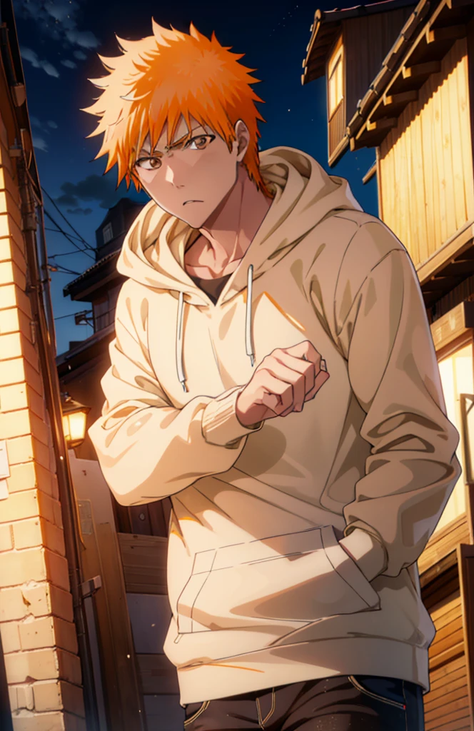 Ichigokurosaki, Ichigo Kurosaki, short hair, Orange Hair, Spiked Hair, (Brown eyes:1.5),
Oversized yellow hoodie,jeans,White sneakers,Walking,whole bodyがイラストに入るように,Daytime,Cold Sky, He has his hands in his hoodie pockets.,
break looking at viewer, whole body,
break outdoors, Building district,
break (masterpiece:1.2), Highest quality, High resolution, unity 8k wallpaper, (figure:0.8), (Beautiful attention to detail:1.6), Highly detailed face, Perfect lighting, Highly detailed CG, (Perfect hands, Perfect Anatomy),