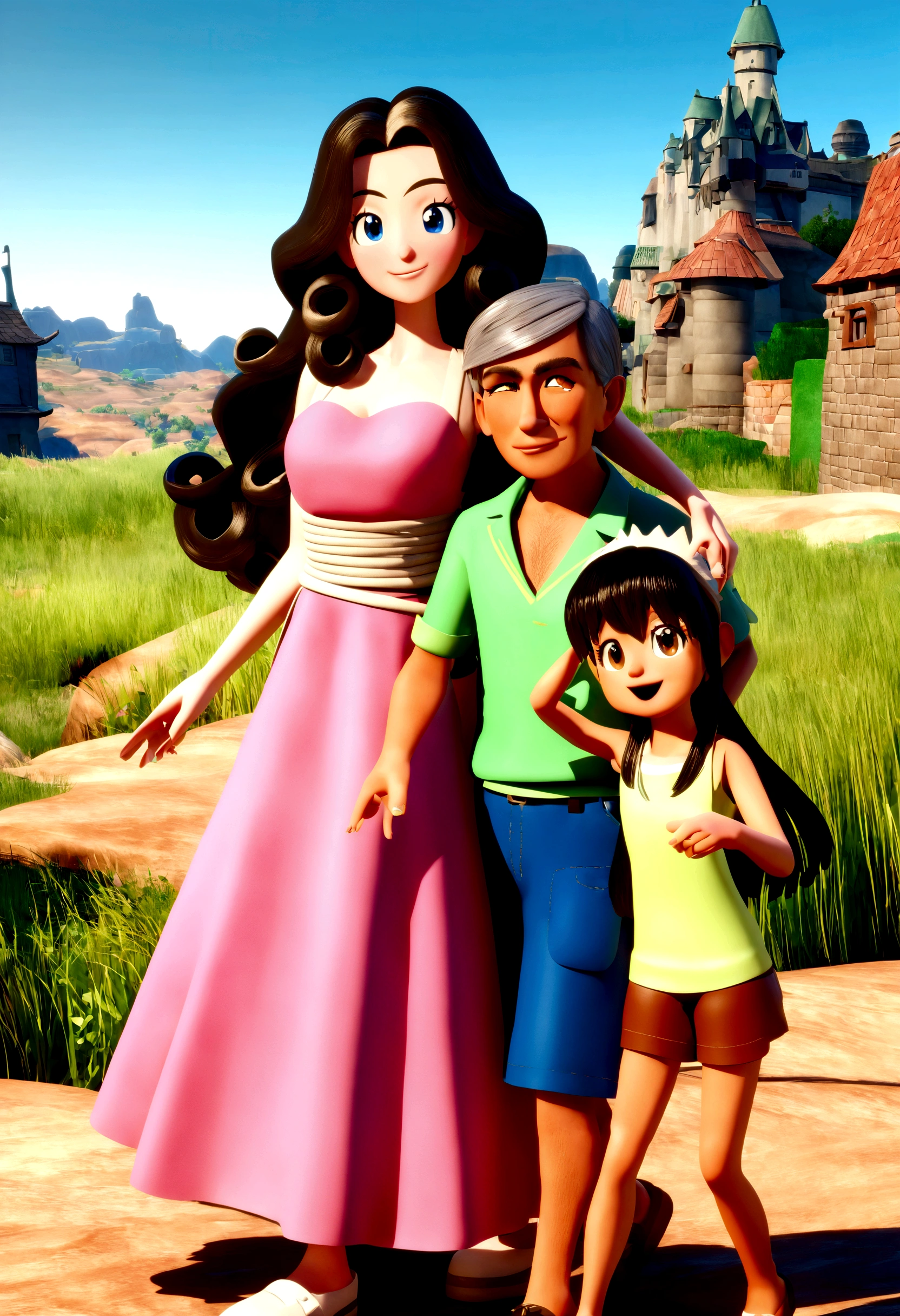 Cartoon of a family, onde está a garota de pele white chamada Laís, white, with dark brown hair and long curly hair below the shoulder, having fun on vacation together with daddy Jaime, dark-skinned, Cao Cao, eyes black, smiling e de terno Cinza, and gray hair, and his other daughter Lavinia, small, smaller than Laís, brunette like her father, shorter shoulder length hair, curly and frizzy, tightly wrapped, smiling e olhos com brilhos e covinhas na bochecha, and with us is his wife Daniela, about 15 centimeters smaller than his father Jaime, 1,86 cm, and Laís also in her mother Daniela's altuma, e Daniela tem a pele white como a Laís, smiling, a little chunky, breasts big, straight black wavy hair, Right in front of him was a boxer dog, brown and white, 3d animation movie poster, Poster de animated film, pixar 3d animation style, pixar renderman render, maya 8 k, animated film, Disney Pixar Style 3D, happy friends go out together, the 3 women in long pink dresses with a very delicate belt at the waist, plein-air, vacation, disney pixar animation poster