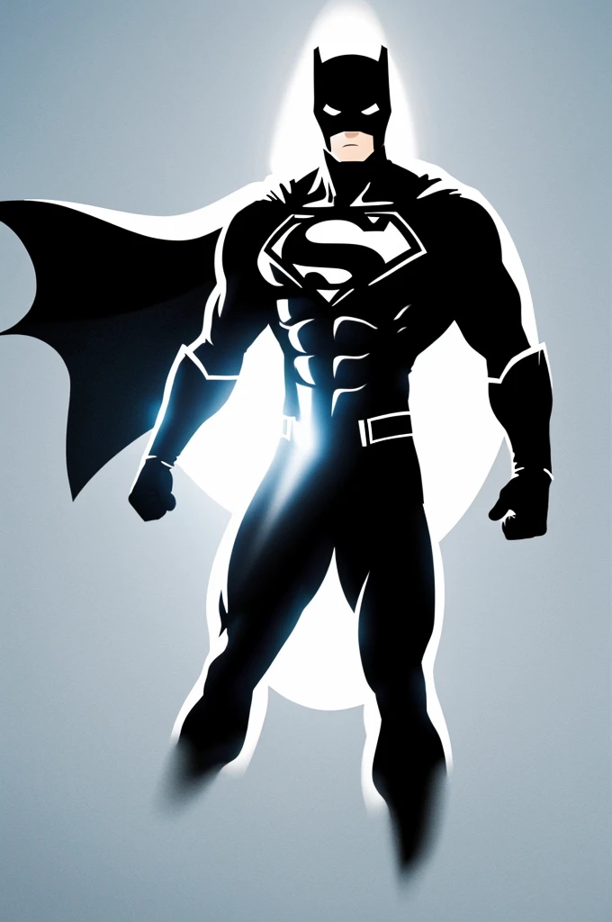 Create an image where there is a white silhouette of a superhero with a black background, animated and easy for 5-year-old children