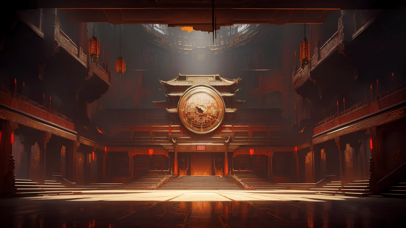 There is a big clock in the middle of the room., doom eternal Concept Art, riot games Concept Art, Concept Art | feng zhu, feng zhu Concept Art, g liulian art style, library of ruina Concept Art, Cyberpunk Chinese Ancient Castle, Dramatic Lighting. Concept Art, Concept Art stunning atmosphere, Beautiful rendering of the Tang Dynasty, Arena Background