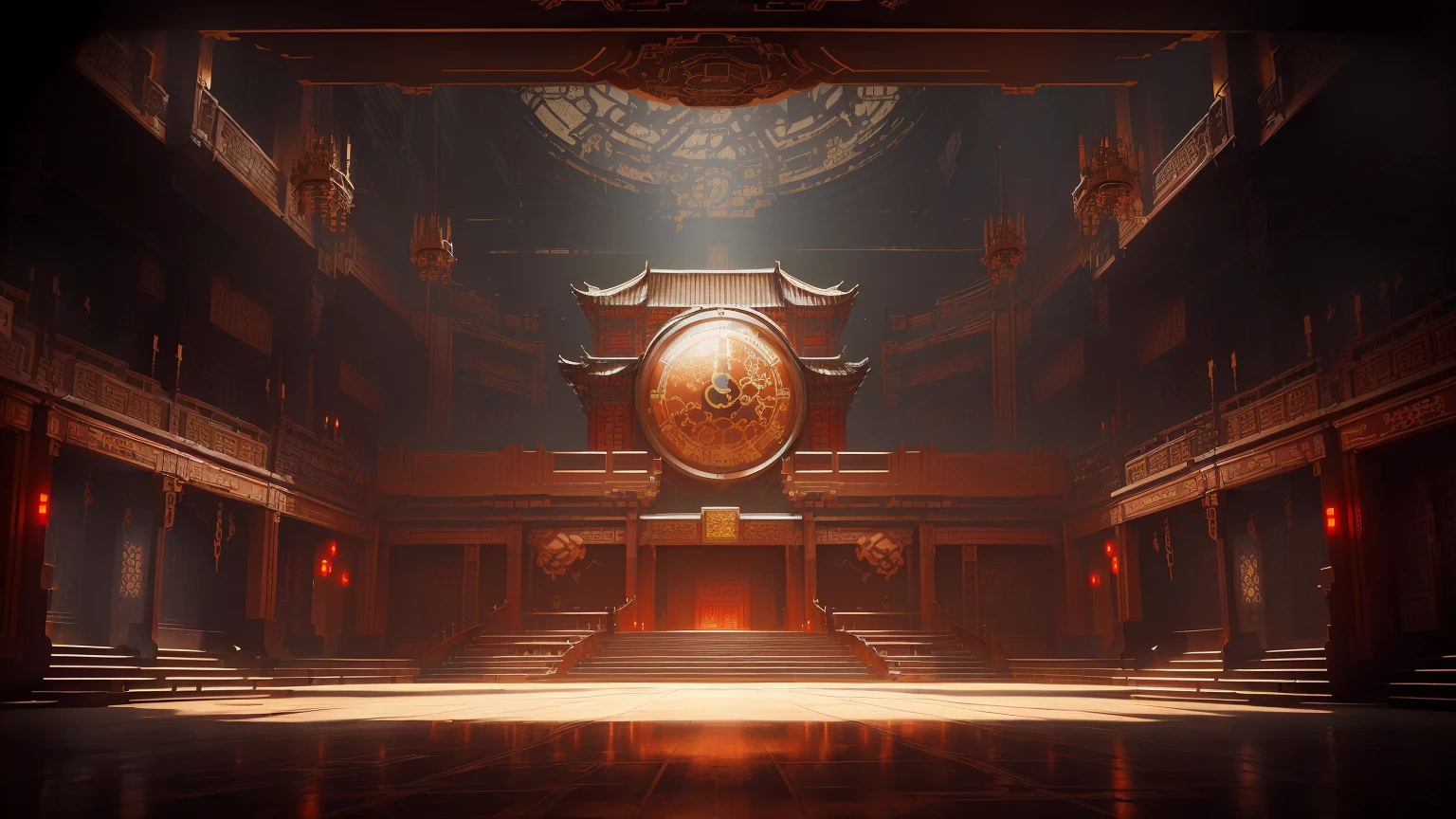 There is a big clock in the middle of the room., doom eternal Concept Art, riot games Concept Art, Concept Art | feng zhu, feng zhu Concept Art, g liulian art style, library of ruina Concept Art, Cyberpunk Chinese Ancient Castle, Dramatic Lighting. Concept Art, Concept Art stunning atmosphere, Beautiful rendering of the Tang Dynasty, Arena Background