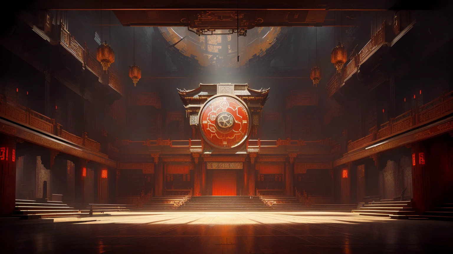 There is a big clock in the middle of the room., doom eternal Concept Art, riot games Concept Art, Concept Art | feng zhu, feng zhu Concept Art, g liulian art style, library of ruina Concept Art, Cyberpunk Chinese Ancient Castle, Dramatic Lighting. Concept Art, Concept Art stunning atmosphere, Beautiful rendering of the Tang Dynasty, Arena Background