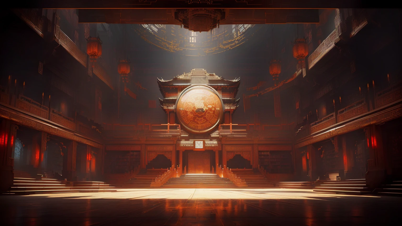 There is a big clock in the middle of the room., doom eternal Concept Art, riot games Concept Art, Concept Art | feng zhu, feng zhu Concept Art, g liulian art style, library of ruina Concept Art, Cyberpunk Chinese Ancient Castle, Dramatic Lighting. Concept Art, Concept Art stunning atmosphere, Beautiful rendering of the Tang Dynasty, Arena Background