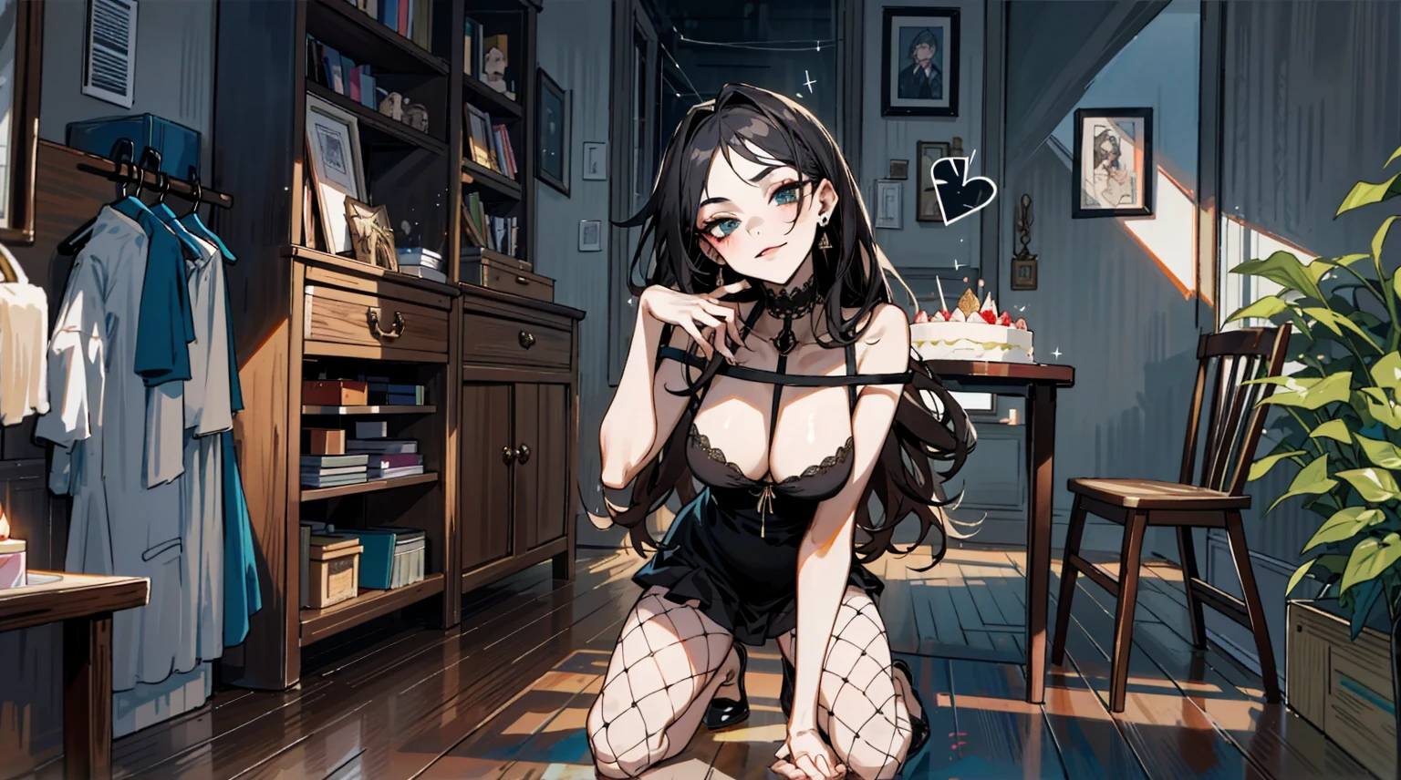 (best quality,masterpiece:1.2,detailed details,4k),A dim old apartment, a small birthday cake on an old wooden table, a modern apartment, an alarm clock on the wall, an anime scene,
A girl with modern gothic makeup, fair skin, modern clothes, black eyeshadow, a tank top, a sexy body, earrings and lip studs, fishnet stockings, posing in an attractive pose, kneeling on the wooden floor, a loving expression
Upward shot