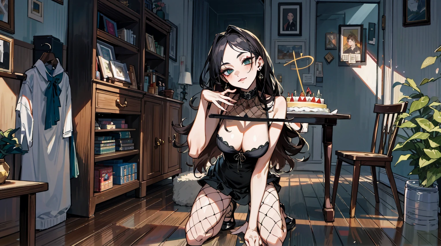 （best quality，masterpiece：1.2，detailed details，4k），A dim old apartment, a small birthday cake on an old wooden table, a modern apartment, an alarm clock on the wall, an anime scene,
A girl with modern gothic makeup, fair skin, modern clothes, black eyeshadow, a tank top, a sexy body, earrings and lip studs, fishnet stockings, posing in an attractive pose, kneeling on the wooden floor, a loving expression
Upward shot