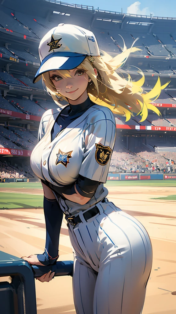 Baseball uniform、Shortcuts、Blonde、Large Breasts、smile、Subjective、Stadium。
