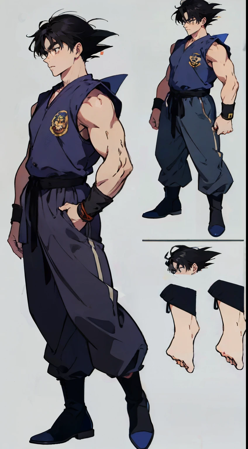 Multi view, front view, back view, side view, rear view, concept art, 1boy, male focus, solo, black hair, kim dokja look, orv character, full body, white background, two block hair, boots, exercise suit, standing, simple background, wristband, hands clenched, arms sides, super saiyan 1, belt, blue footwear