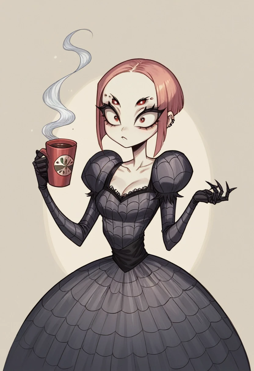 Karely Ruiz, spider-shaped lace dress, She looks with her enormous eyes directly at the mushrooms with an expression of astonishment as she sees herself surrounded by hundreds of crystal insects that have an impossible geometry.... All with the style of Tim Burton, in a kind of surreal dream. While drinking some tea.
