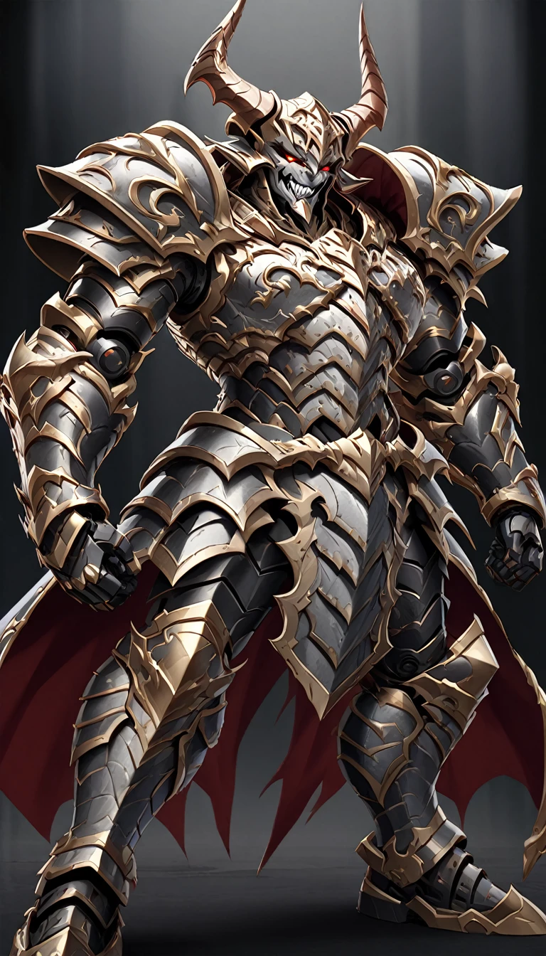 a fearsome fantasy warrior in elaborate armor that combines elements of both traditional and demonic designs. The character's armor is primarily metallic silver and gray, with black, red, and gold accents. The helmet is shaped like a demonic face, featuring sharp horns, a twisted grin, and intricate details that evoke a sense of terror. The left shoulder pad is spiked and reinforced, with metallic plating, while the right shoulder is armored with organic, red, and scaly textures, appearing almost monstrous. The chest armor is segmented with intricate designs, and a detailed emblem is present on the left side of the chest. The warrior's legs are covered in black and silver armor with mechanical joints, adding to the imposing and intimidating look. The character stands in a powerful stance with its arms slightly spread, ready for combat. The background is black to highlight the details of the armor and enhance the dramatic and menacing atmosphere.